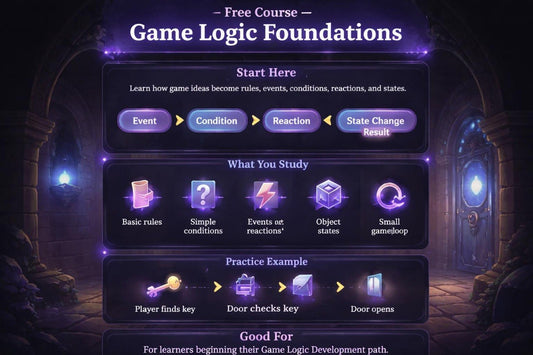 Course on game logic foundations with a fantasy-themed layout.