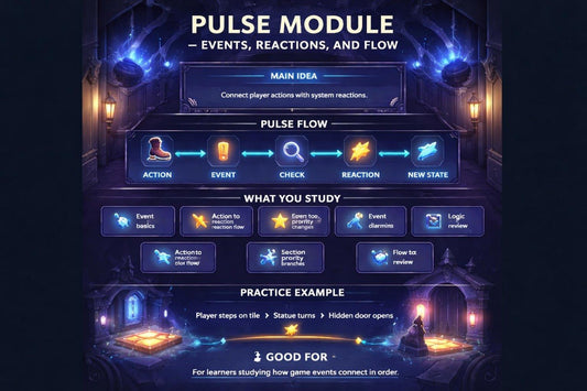 Diagram of a 'Pulse Module' with game design elements on a dark background
