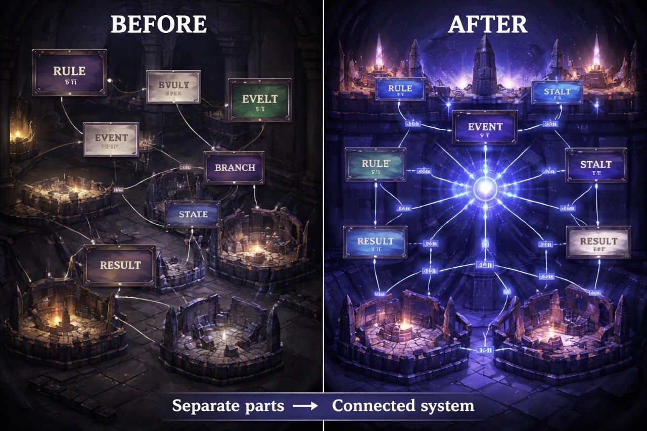 Before and after comparison of a network diagram in a dark, gothic setting with illuminated elements.