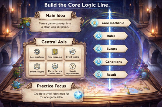 Game design concept with core logic line elements on a fantasy-themed background