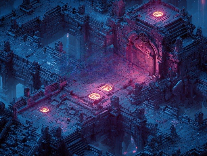 Isometric view of a fantasy dungeon with glowing的地牢
