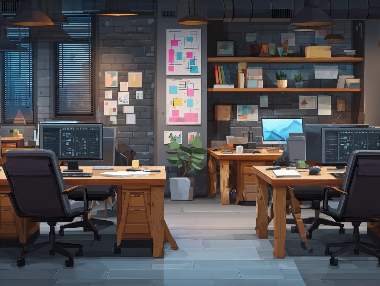 Modern office with desks, computers, and a bookshelf.