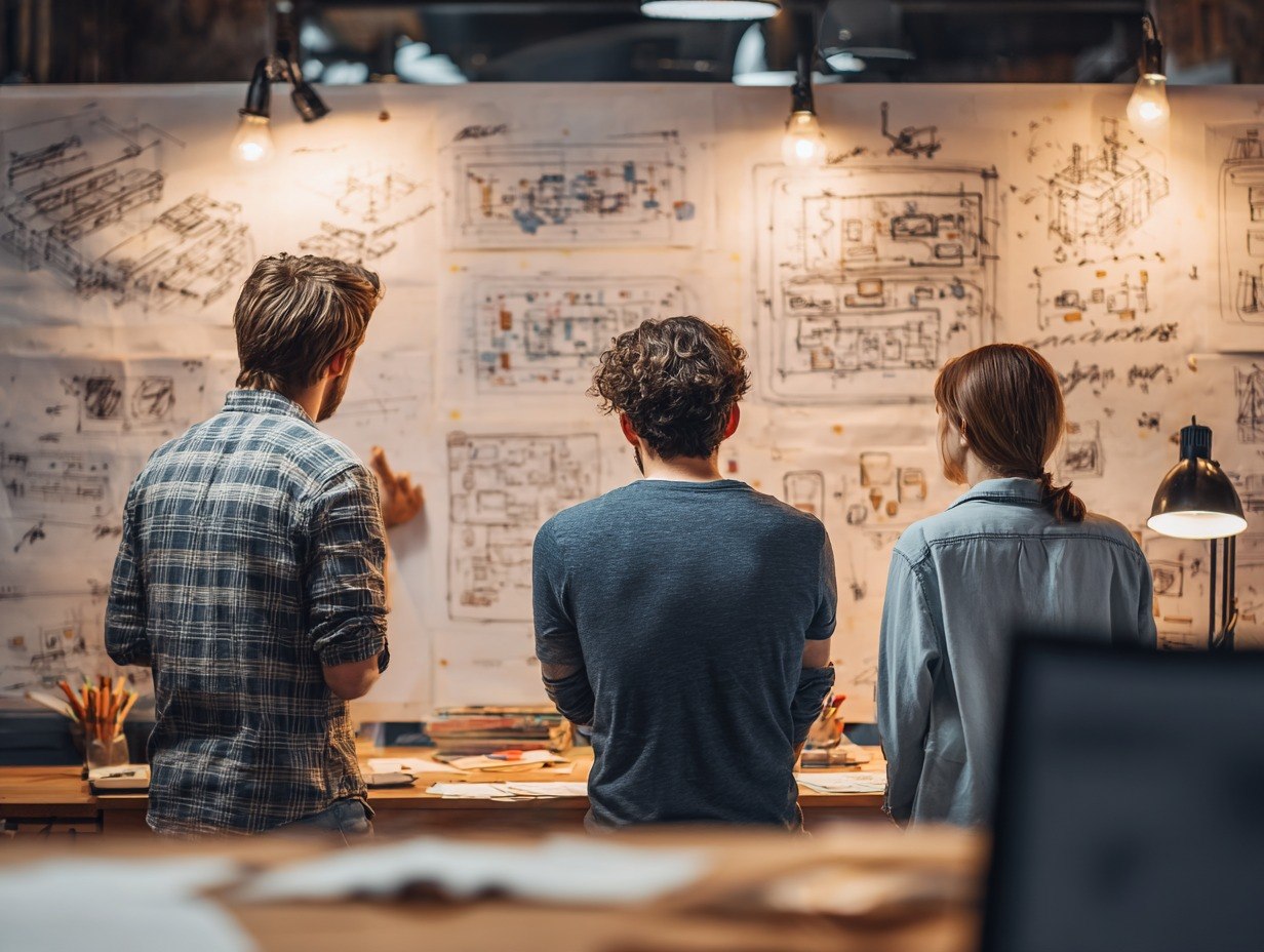 Three people looking at blueprints on a wall in a workshop setting.