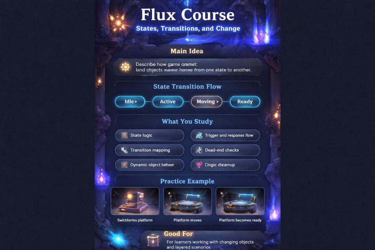 Educational interface about 'Flux Course' with states, transitions, and change on a dark background.