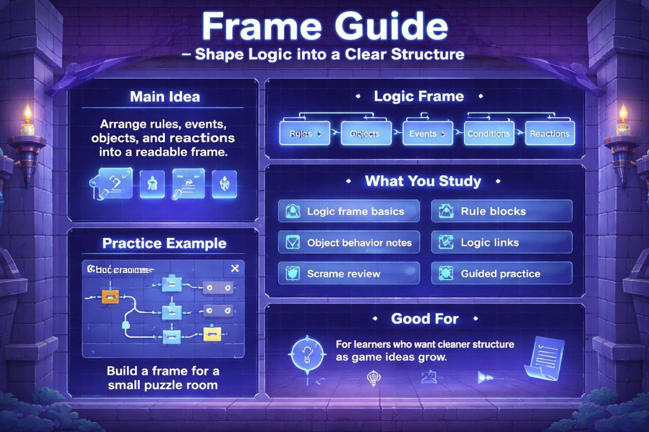 Educational graphic on frame guides for logical structure with game-themed design.