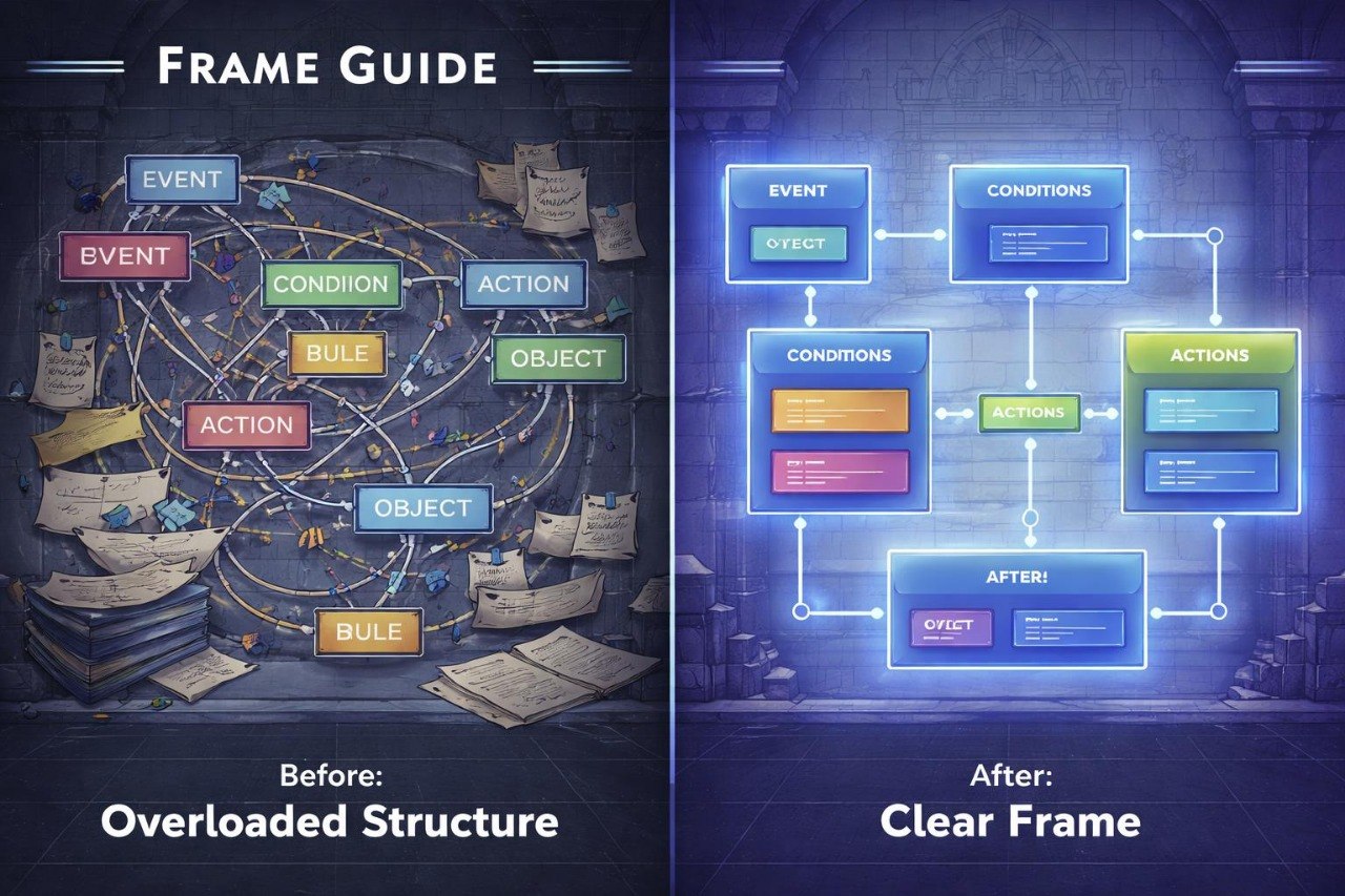 Comparison of an overloaded structure diagram on the left and a clear frame diagram on the right, with text 'Before: Overloaded Structure' and 'After: Clear Frame'.