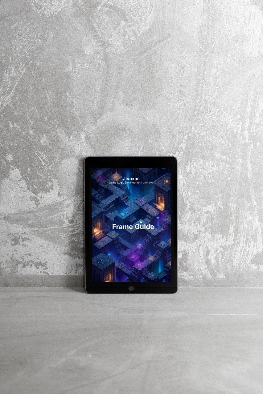 Tablet displaying a 'Frame Guide' on a textured gray surface