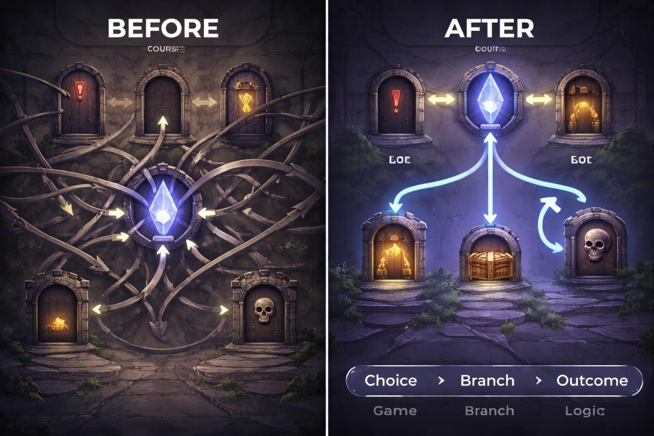 Before and after comparison of a game design with decision points and outcomes.
