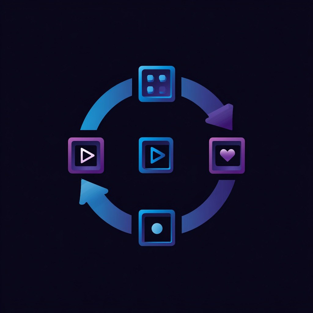 Circular icon with various symbols on a dark background