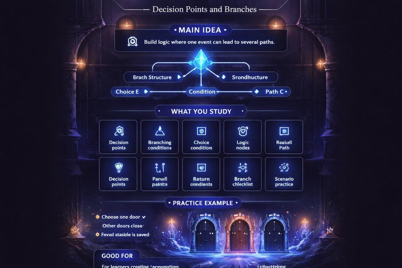 Educational diagram on decision points and branches with glowing text and icons.