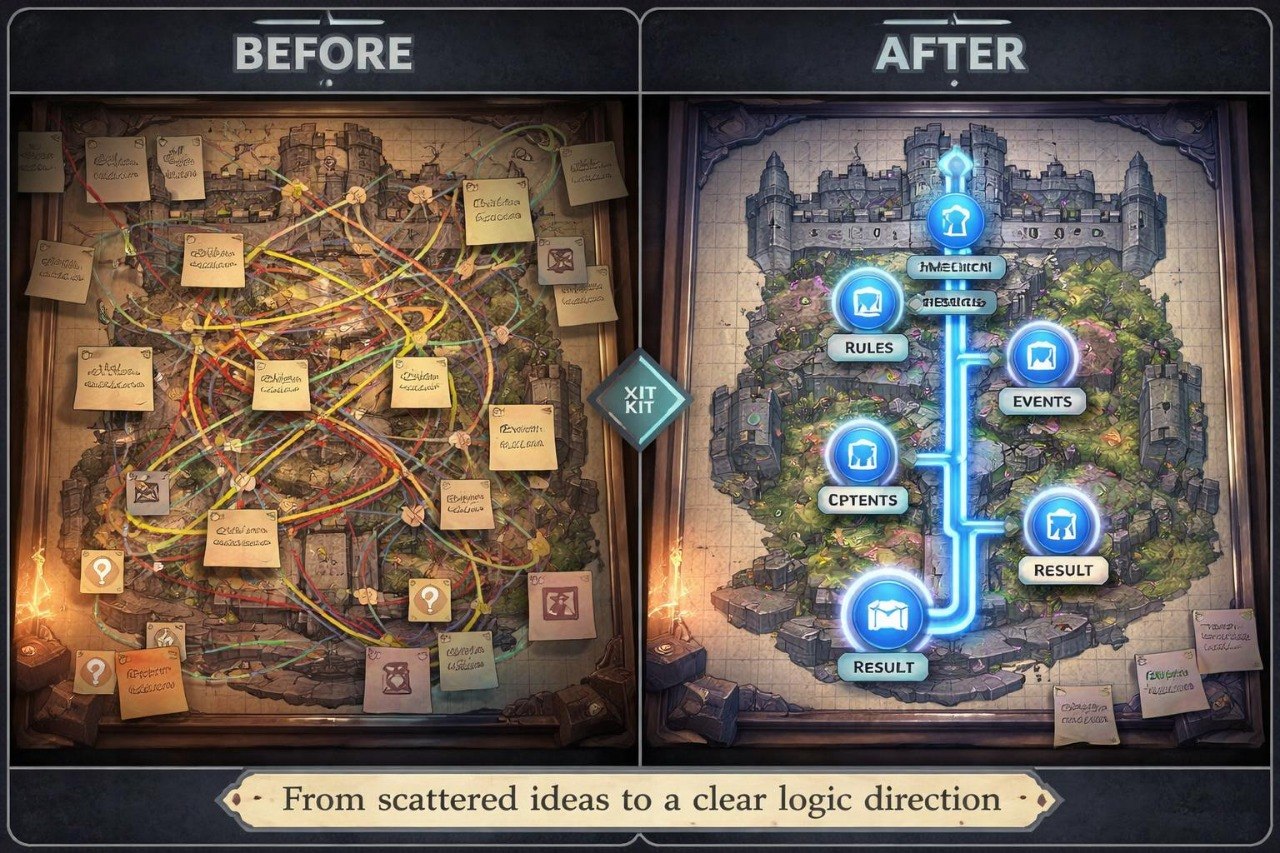 Before and after comparison of a game map with notes and symbols.