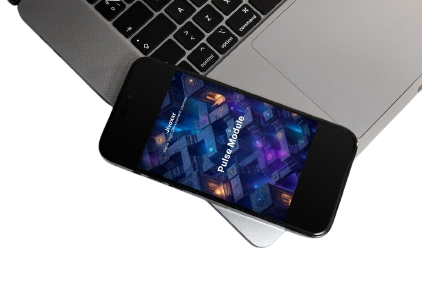 Smartphone with app interface on a laptop keyboard