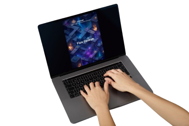 Person using a laptop with a colorful screen on a white background