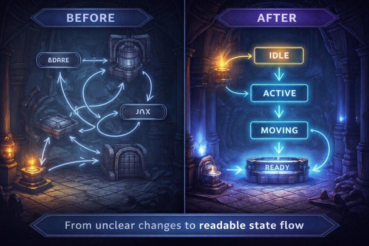 Before and after comparison of a game state diagram in a dark, fantasy setting.