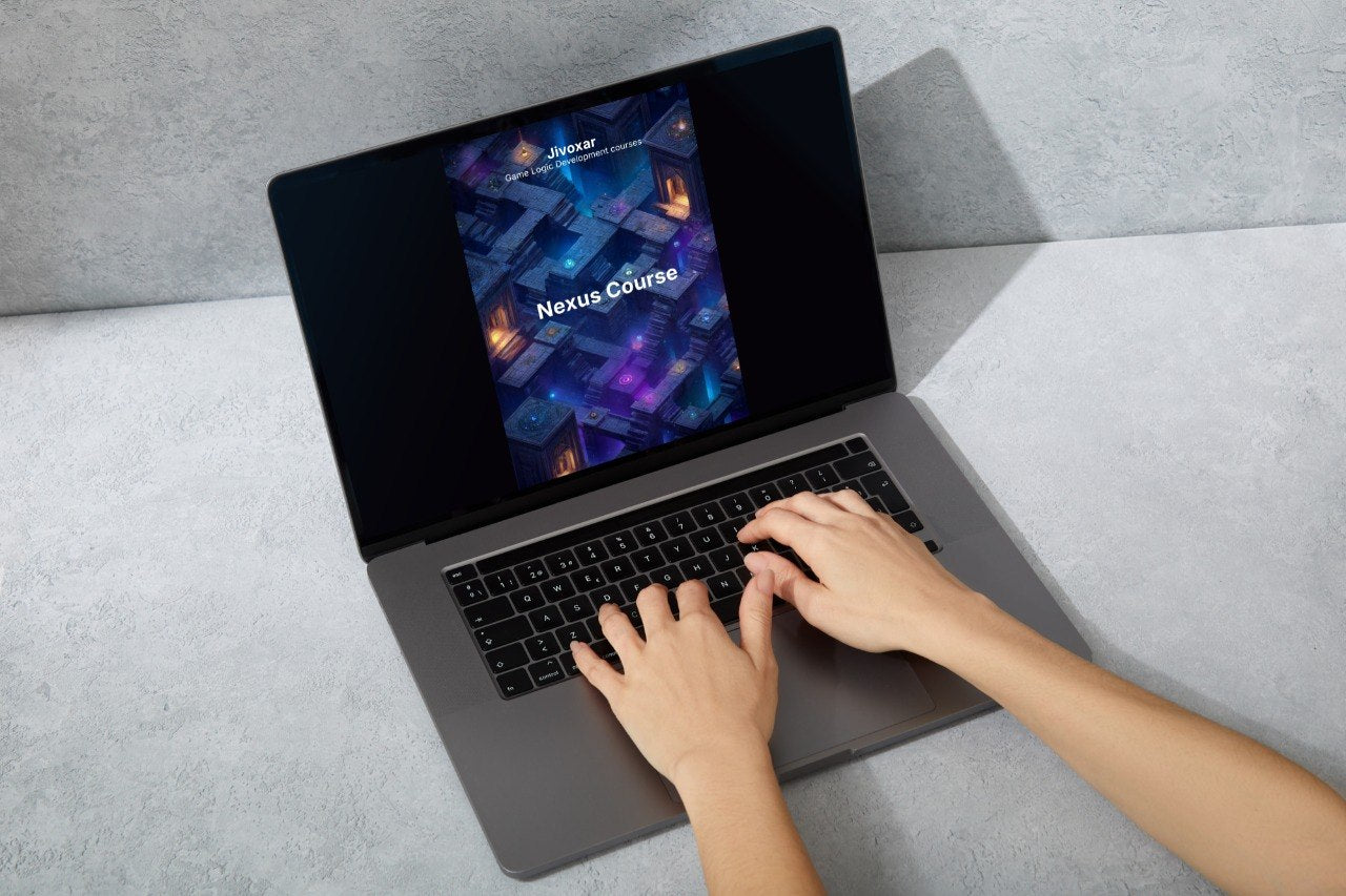 Person using a laptop with a screen displaying 'Nexus Course' on a gray surface