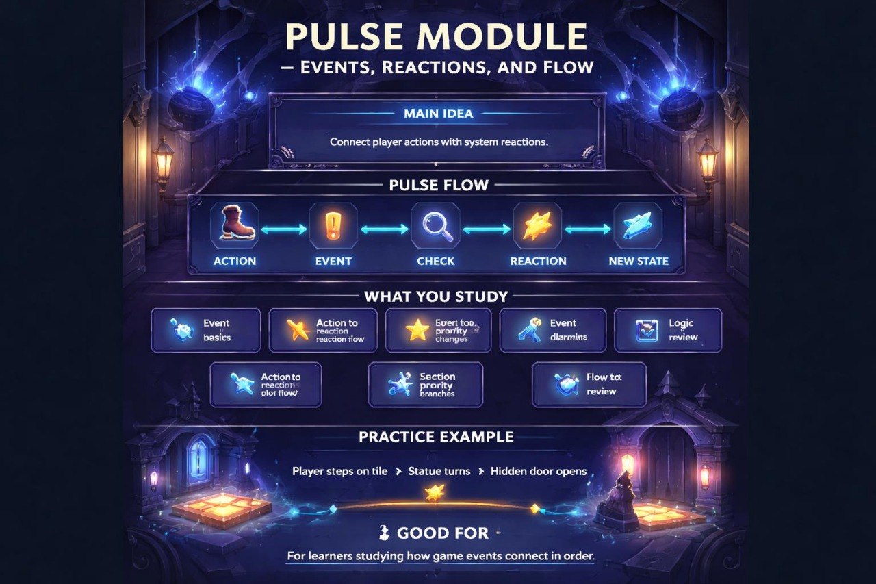 Diagram of a 'Pulse Module' with game design elements on a dark background