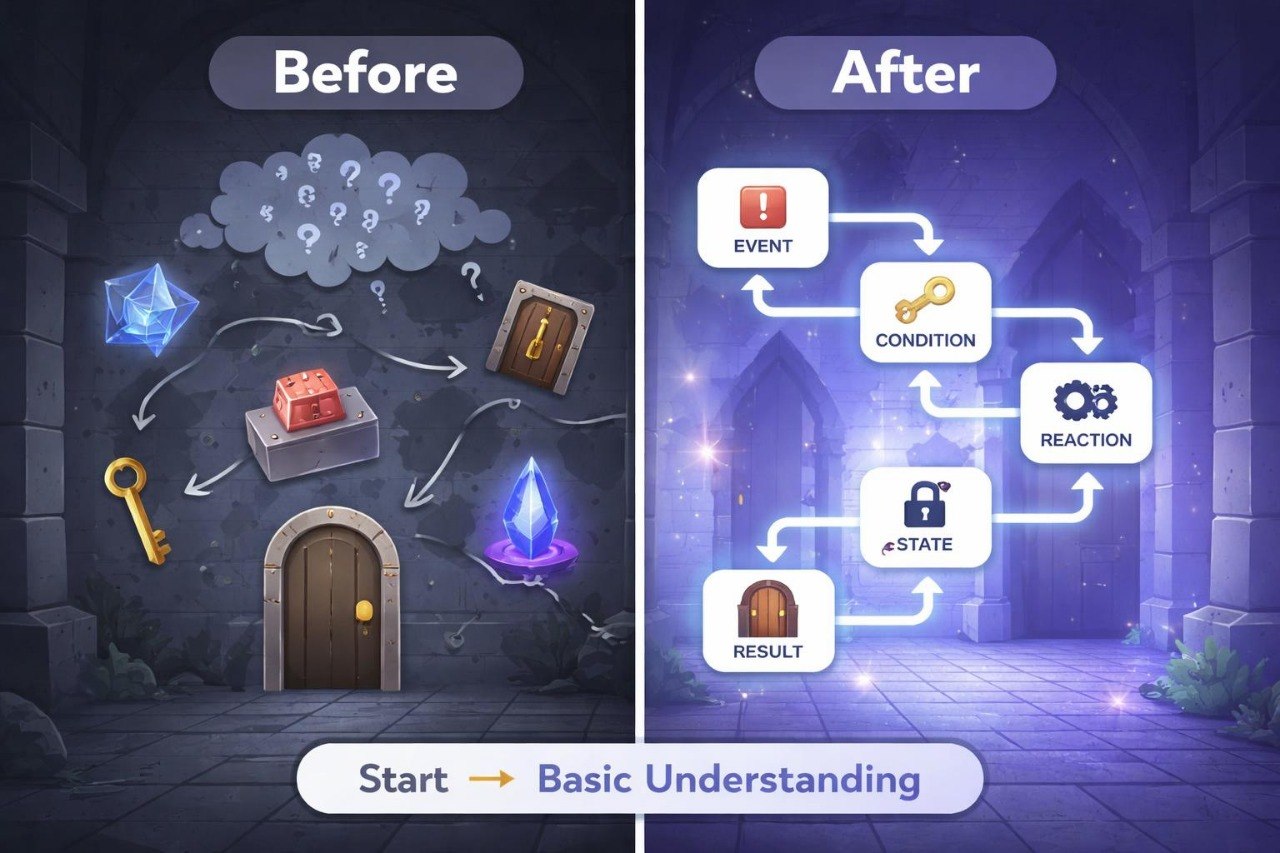 Before and after comparison of a game design concept with icons and text labels.