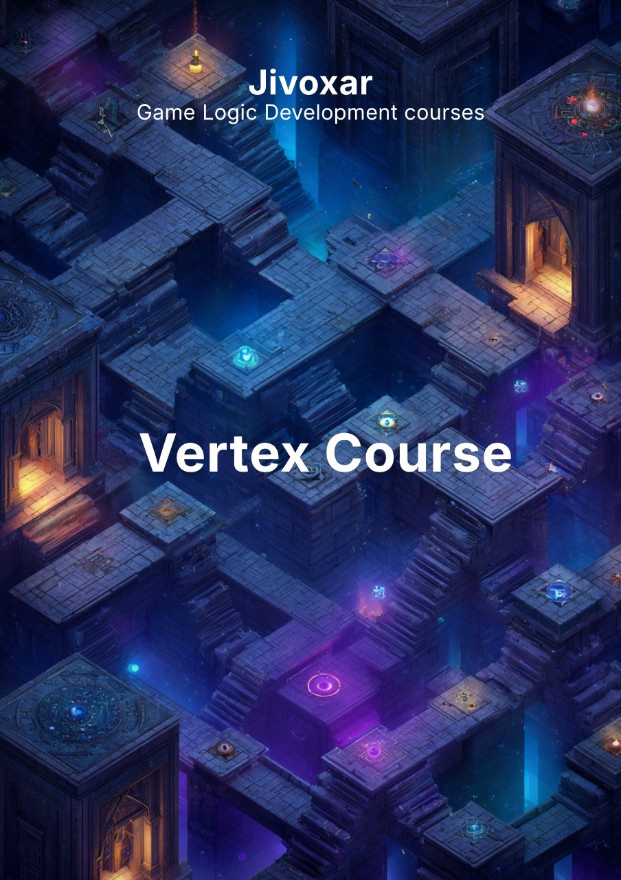 Game map with glowing elements and Jivoxar branding for game logic development courses.