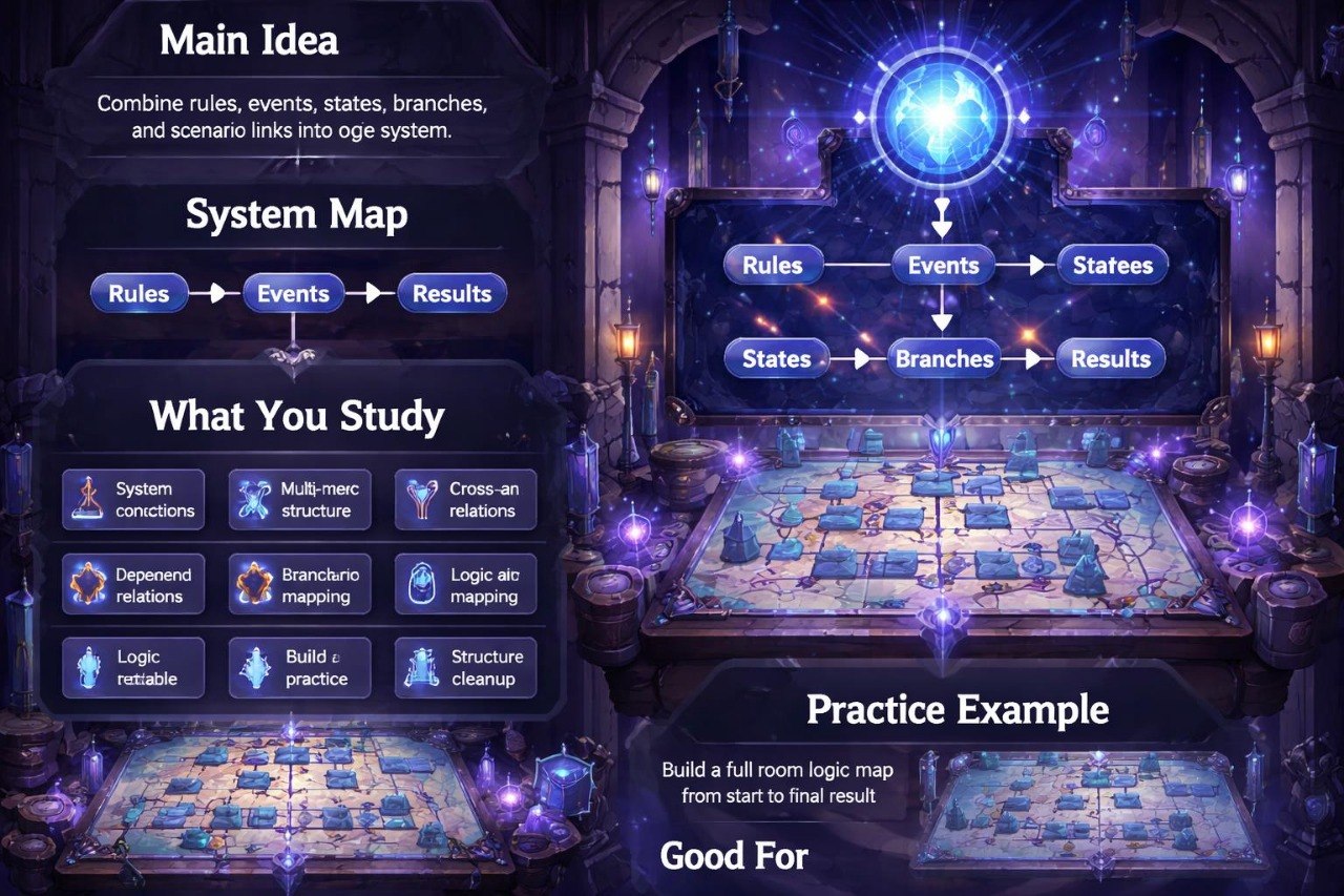 Educational diagram of a system map with rules, events, states, and results in a fantasy setting.