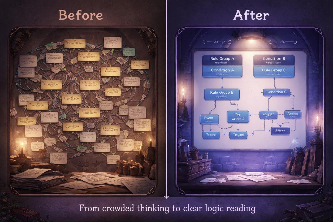 Before and after comparison of a cluttered map to a clear flowchart in a dimly lit room.